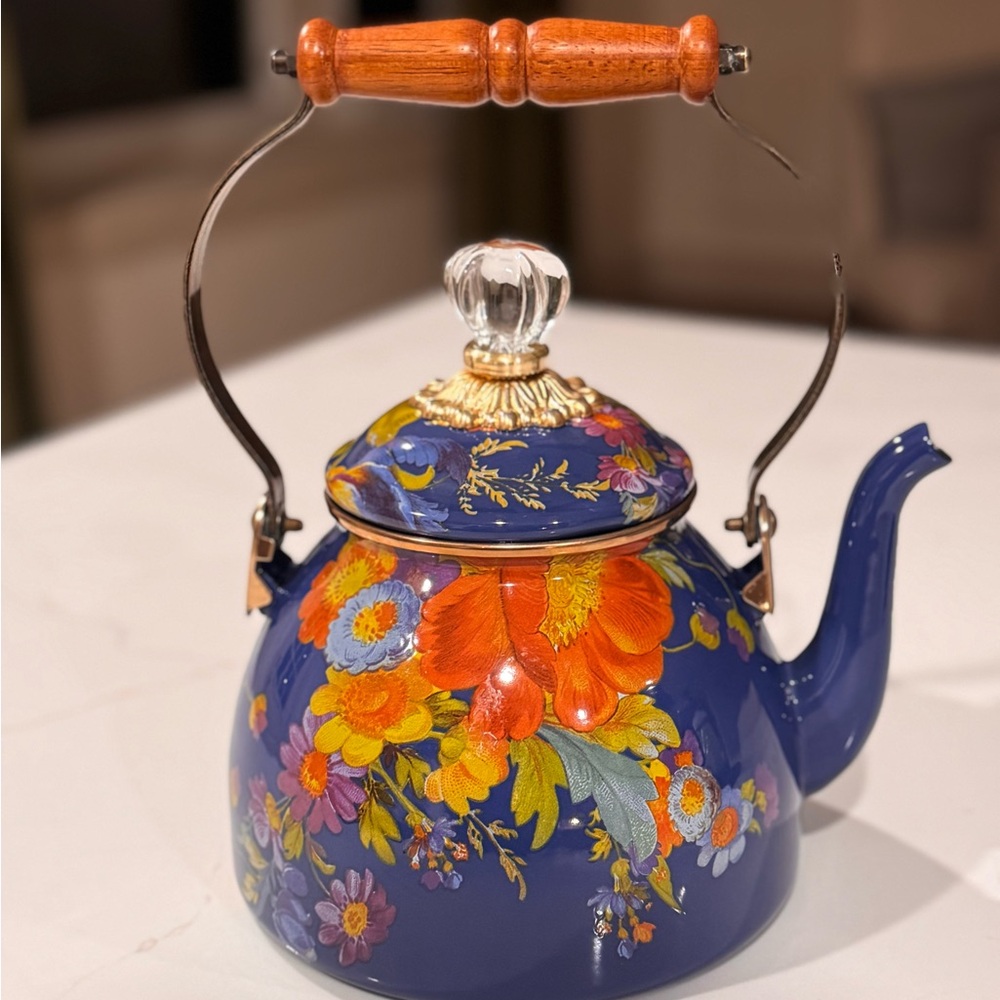 Mackenzie Childs Flower Child Blue Tea Kettle 2 QT.